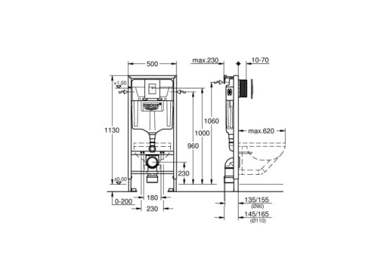 Система инсталляции для унитаза, GROHE Rapid SL, комплект 3 в 1, монтажная высота 1.13 м.