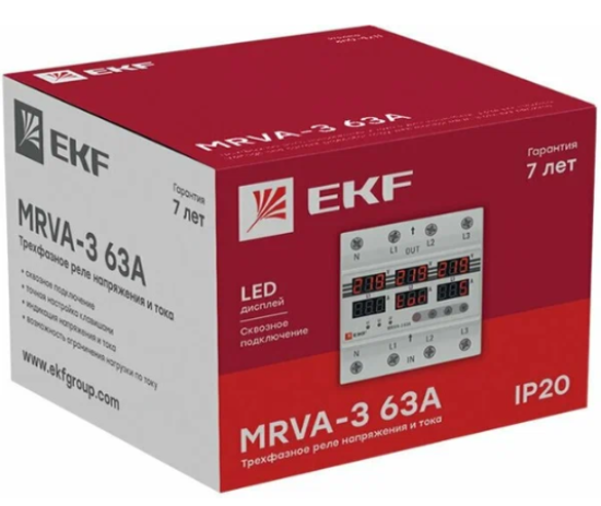Трехфазное реле напряжения и тока EKF с дисплеем MRVA-3, 63A