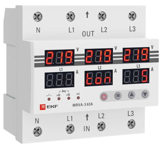 Трехфазное реле напряжения и тока EKF с дисплеем MRVA-3, 63A