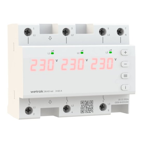 Трехфазное реле напряжения Welrok D6-63 red