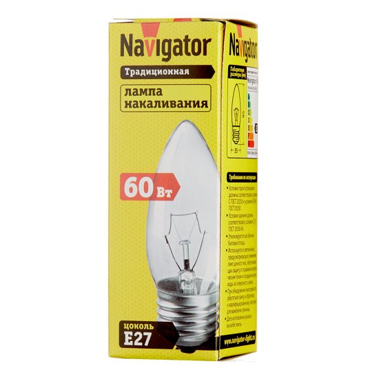 Лампа накаливания Navigator E27 3000К 60 Вт 660 Лм 230 В свеча прозрачная
