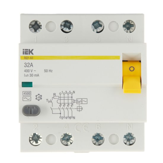 УЗО IEK ВД1-63 32А 3P+N тип AC 30 мА 4,5 кА (MDV10-4-032-030)