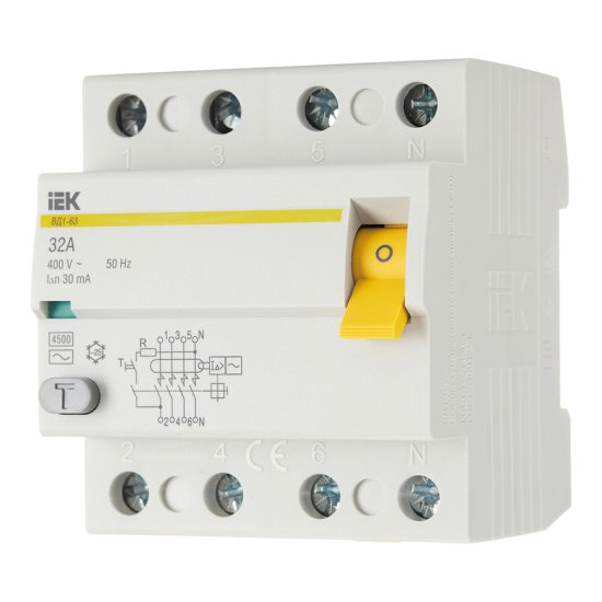 УЗО IEK ВД1-63 32А 3P+N тип AC 30 мА 4,5 кА (MDV10-4-032-030)