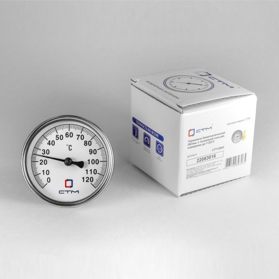 Термометр аксиальный СТМ 1/2 НР(ш) d63 мм шток 30х10 мм 90°С (CTT12D63)