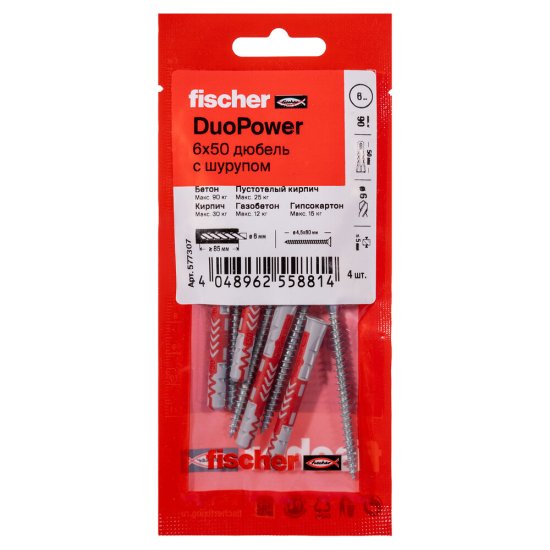 Дюбель универсальный Fischer DuoPower 6x50 мм нейлон с шурупом (4 шт.)