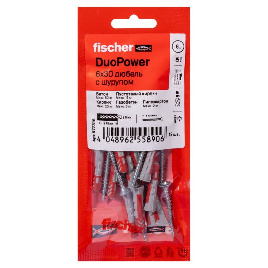 Дюбель универсальный Fischer DuoPower 6x30 мм нейлон с шурупом (12 шт.)