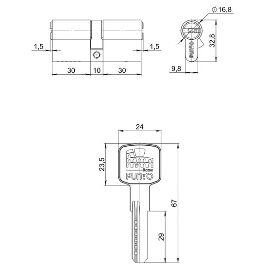 Цилиндр Punto Z300 70 35х35 мм ключ/ключ хром