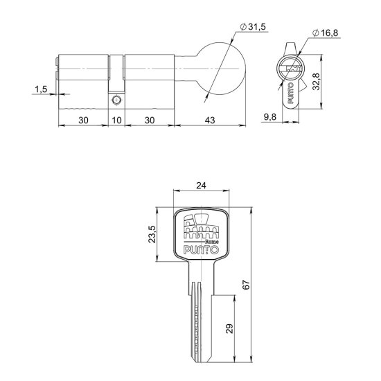 Цилиндр Punto Z300 70 35х35 мм ключ/вертушка хром