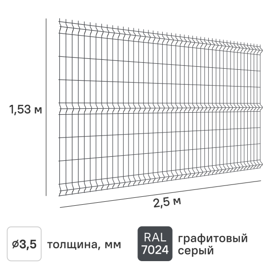 3D панель для забора Grand Line Light 2.5x1.53 м полиэстр RAL 7024 графит