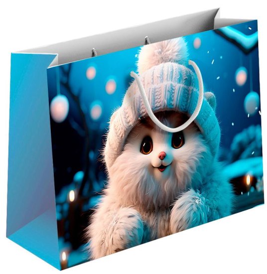 Подарочный пакет Котик в шапке 20x22x14 см разноцветный