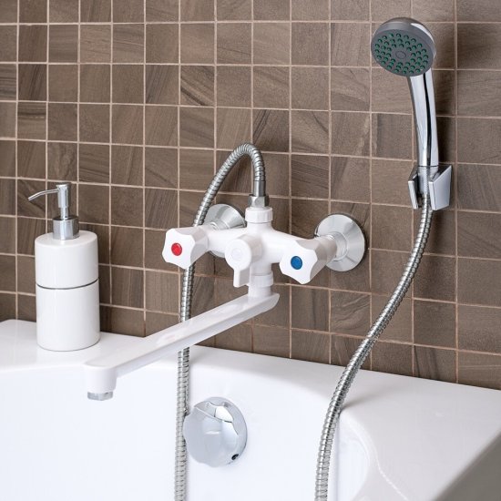 Смеситель для ванны РМС PL белый двухвентильный с длинным изливом без лейки (PL4-140P)