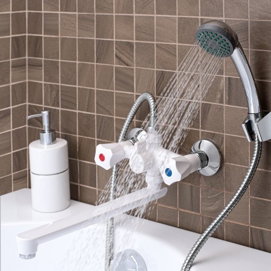 Смеситель для ванны РМС PL белый двухвентильный с длинным изливом без лейки (PL4-140P)