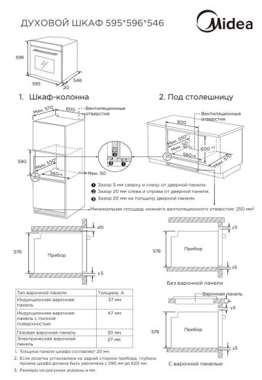 Встраиваемый духовой шкаф Midea MO713103GB 59.5x59.5x56 см конвекция цвет черный