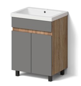 Тумба под раковину Cube 60 см напольная эмаль цвет графит матовый/дуб вотан с раковиной Cersanit Colour керамика 60 см цвет белый