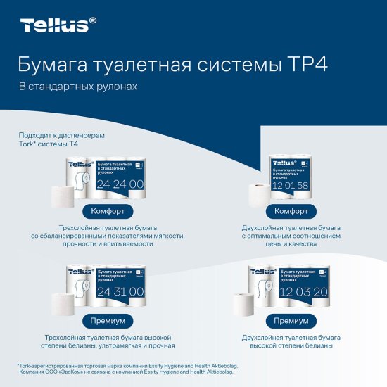 Туалетная бумага Tellus ТР-4 Премиум в стандартных рулонах 15 м (8 шт.) (243100)