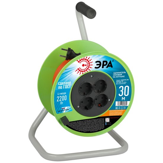 Удлинитель на катушке Эра ПВС 2х1 30 м 4 розетки 2200 Вт без заземления цвет оранжевый