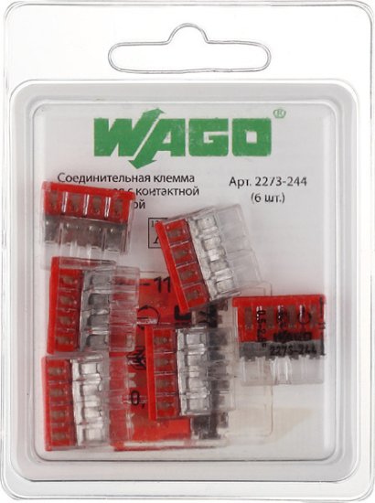 Клемма на 4 провода Wago 2273-244 0,5-2,5 кв. мм самозажимная с пастой (6 шт.)