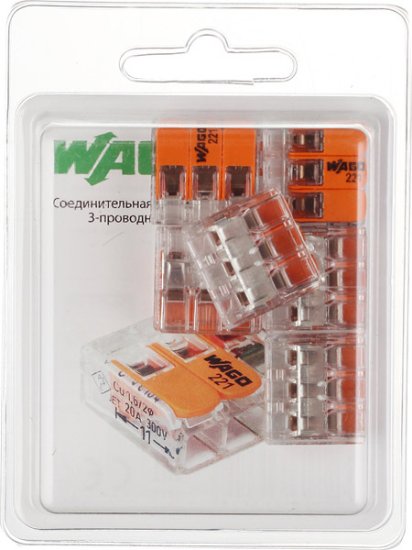 Клемма на 3 провода Wago 221-413 0,2-4 кв. мм с рычажками без пасты (6 шт.)