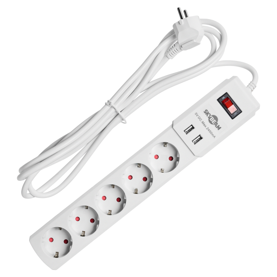Удлинитель бытовой Skybeam 3x1.5 3 м 5 розеток с заземлением 3680 Вт с USB и выключателем цвет белый