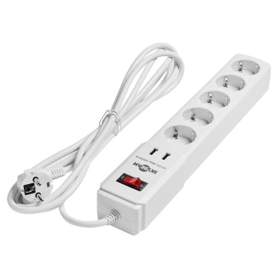 Удлинитель бытовой Skybeam 3x1.5 3 м 5 розеток с заземлением 3680 Вт с USB и выключателем цвет белый
