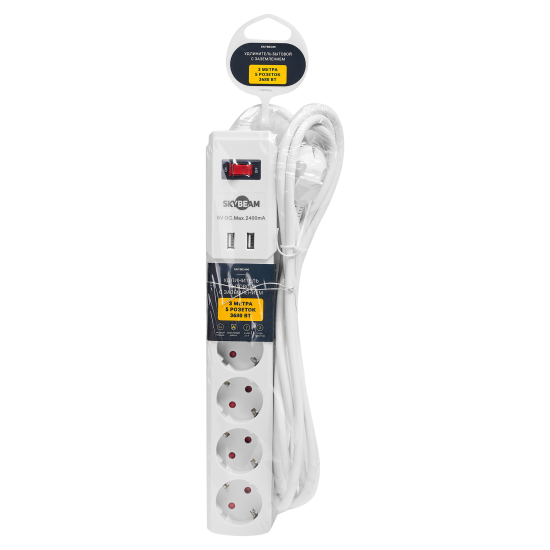 Удлинитель бытовой Skybeam 3x1.5 3 м 5 розеток с заземлением 3680 Вт с USB и выключателем цвет белый
