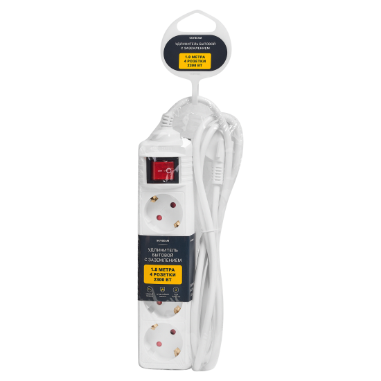 Удлинитель бытовой Skybeam 3x0.75 1.8 м 4 розетки с заземлением 2300 Вт с выключателем цвет белый