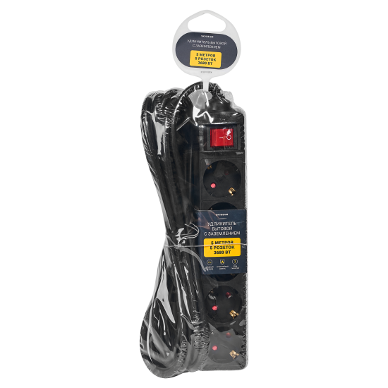 Удлинитель бытовой Skybeam 3x1.5 5 м 5 розеток с заземлением 3680 Вт с выключателем цвет черный