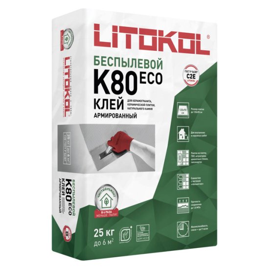 Клей плиточный LITOKOL Литофлекс К80 Эко/Litoflex K80 Eco беспылевой 25кг