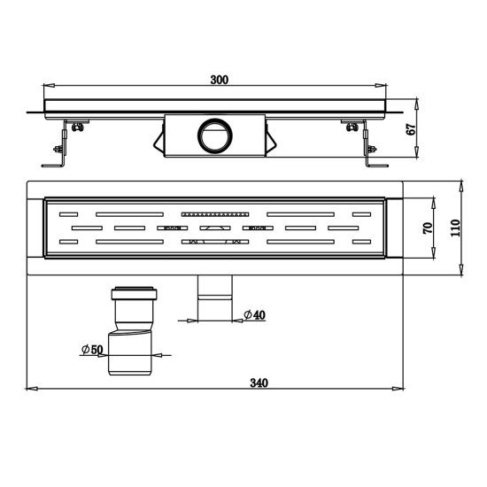 Лоток душевой Ore с гидрозатвором 300х65 мм d40 мм решетка из нержавеющей стали (Drain H3)