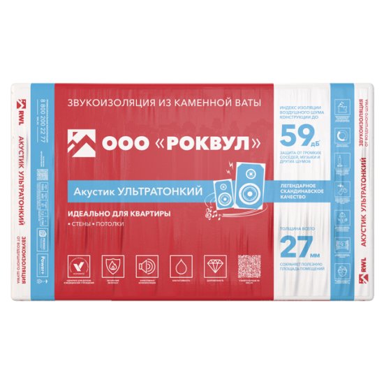 Теплоизоляция РОКВУЛ Акустик Баттс Ультратонкий 1000х600х27мм