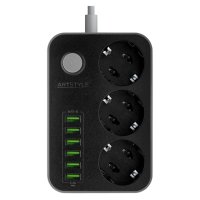 Сетевой фильтр ARTSTYLE 3 гнезда 6USB 1,6м черный