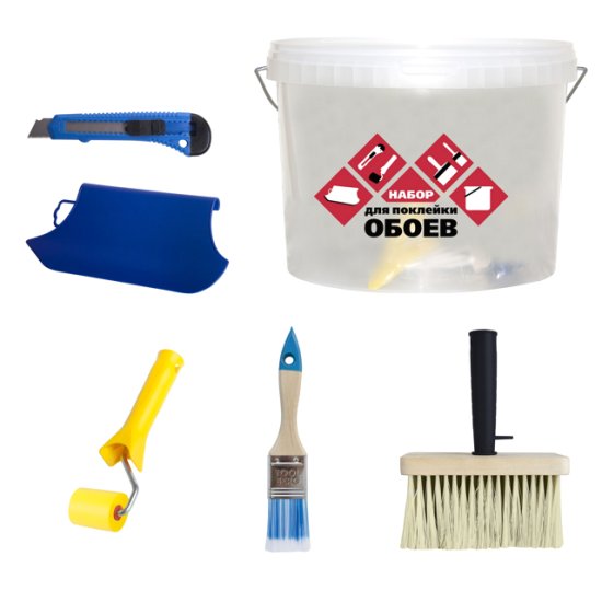 Набор для поклейки обоев ведро, шпатель, нож, кисть, макловица, ролик, арт.3004002
