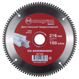 Диск пильный MONOGRAM Special по алюминию и пластику 216х30мм 100 зубьев