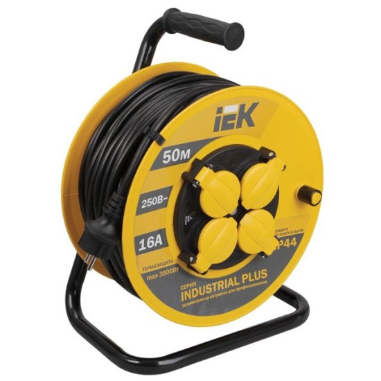 Удлинитель на катушке IEK Industrial plus 4 гнезда 50м 3х1,5мм2 IP44 желтый