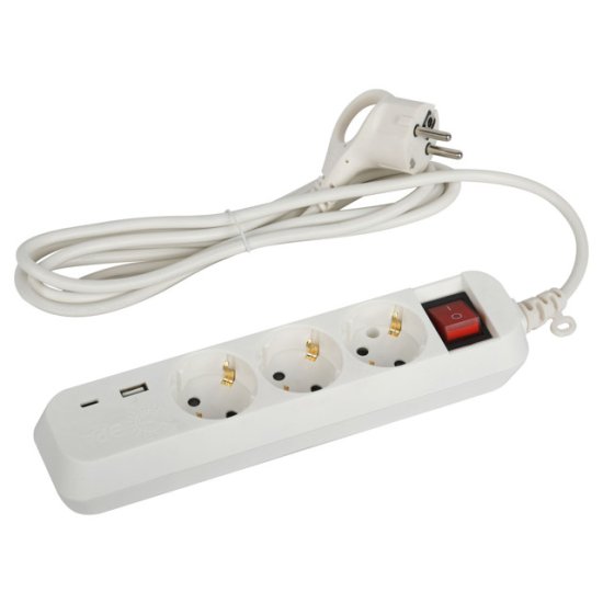 Удлинитель с USB ЭРА 1,5м 3-местный с/з 3x0,75мм2 10А с выключателем белый