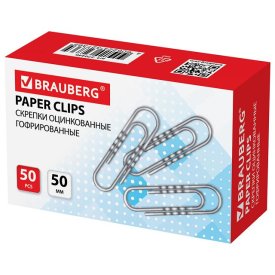 Скрепки BRAUBERG 50мм 50 шт оцинкованные гофрированные