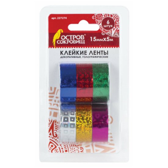 Лента клейкая п/п 6шт 15мм 5м декоративная голографическая в асс-те