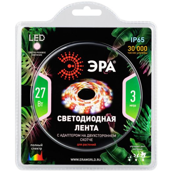Лента светодиодная ЭРА для растений 27Вт IP65  полного спектра 3м с адаптером 12V
