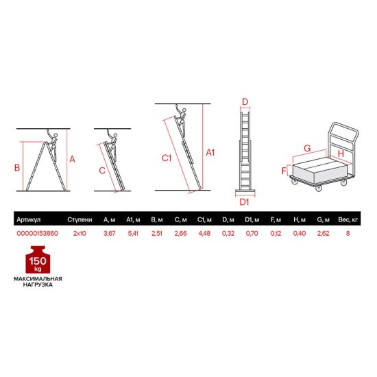 Лестница алюминиевая трансформер двухсекционная 10 ступеней Новая высота бытовая