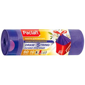 Пакеты для мусора PACLAN Draw String 60л 60x77см 15мкм 10шт ароматиз. с завязками фиолетовые