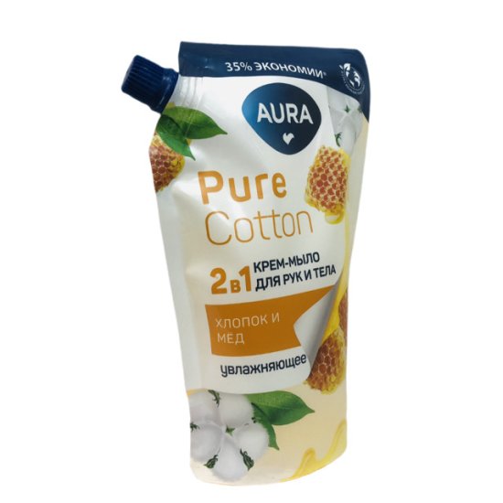 Мыло жидкое AURA Pure Cotton 2в1 Хлопок и Мёд 450мл дой-пак