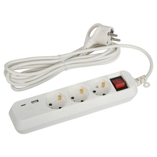 Удлинитель с USB ЭРА 3м 3-местный с/з 3x0,75мм2 10А с выключателем белый