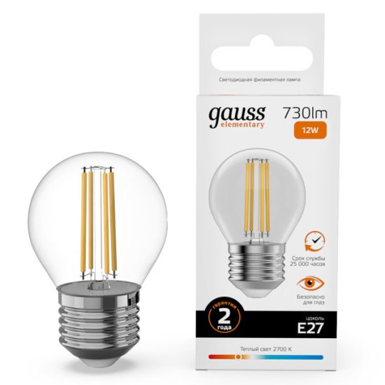 Лампа филаментная GAUSS Filament Elementary 12Вт Е27 LED 730Лм 2700К шар