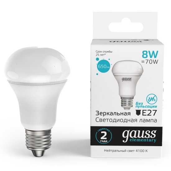 Лампа Gauss Elementary 8Вт Е27 650Лм LED 4100К рефлектор