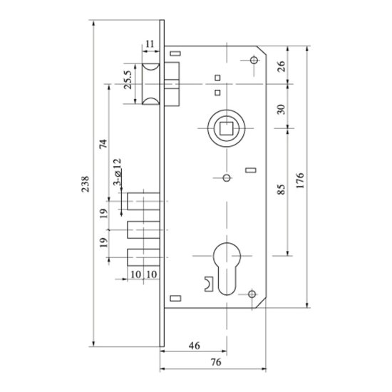 Замок врезной Fuaro LOCKSET.9011 CP для входной двери под цилиндр хром 5 ключей