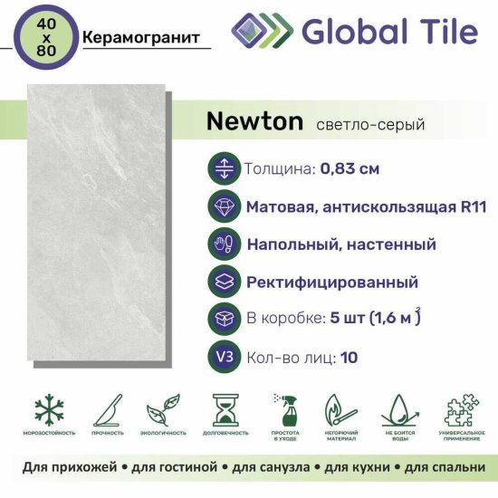 Керамогранит GlobalTile Newton светло-серый 800х400х8,3 мм (5 шт.=1,6 кв.м)