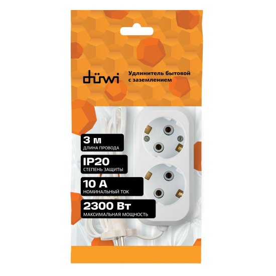 Удлинитель бытовой Duwi 3x0.75 3 2 розетки с заземлением 2300 Вт цвет белый