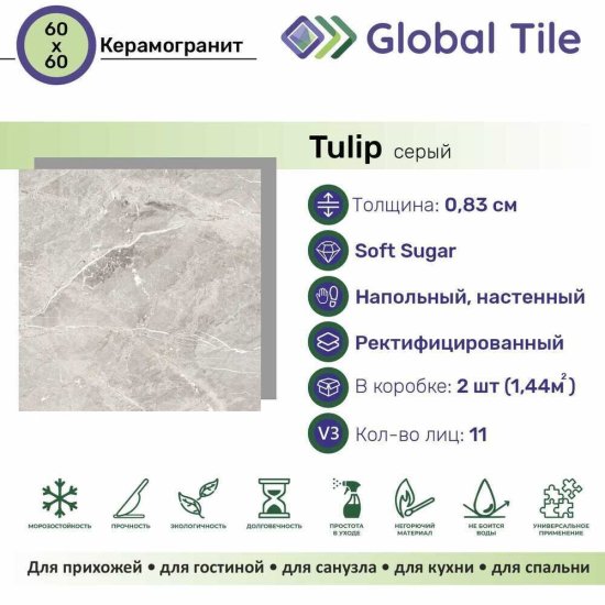 Керамогранит GlobalTile Tulip серый 600x600x8,3 мм (4 шт.=1,44 кв.м)
