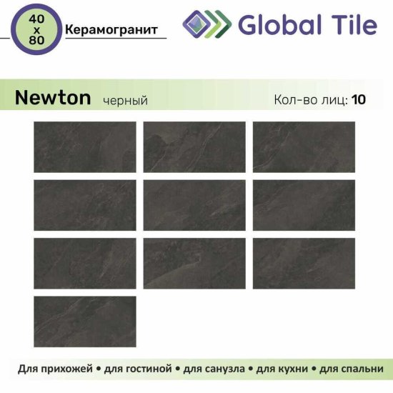 Керамогранит GlobalTile Newton черный 800х400х8,3 мм (5 шт.=1,6 кв.м)