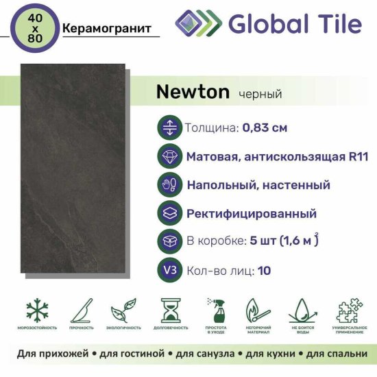 Керамогранит GlobalTile Newton черный 800х400х8,3 мм (5 шт.=1,6 кв.м)